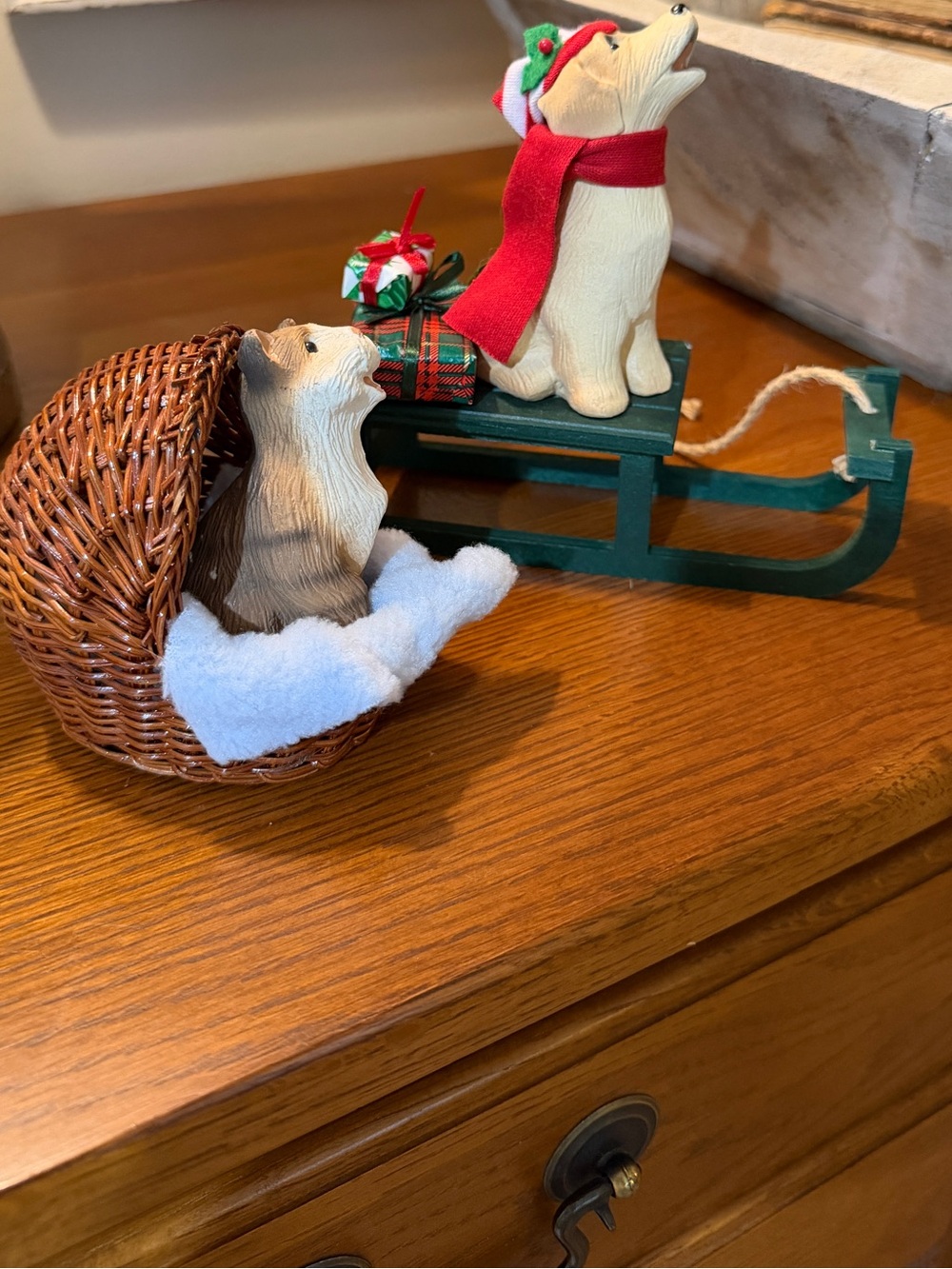 Byers Choice Yellow Lab on Green Sled and cat in basket
